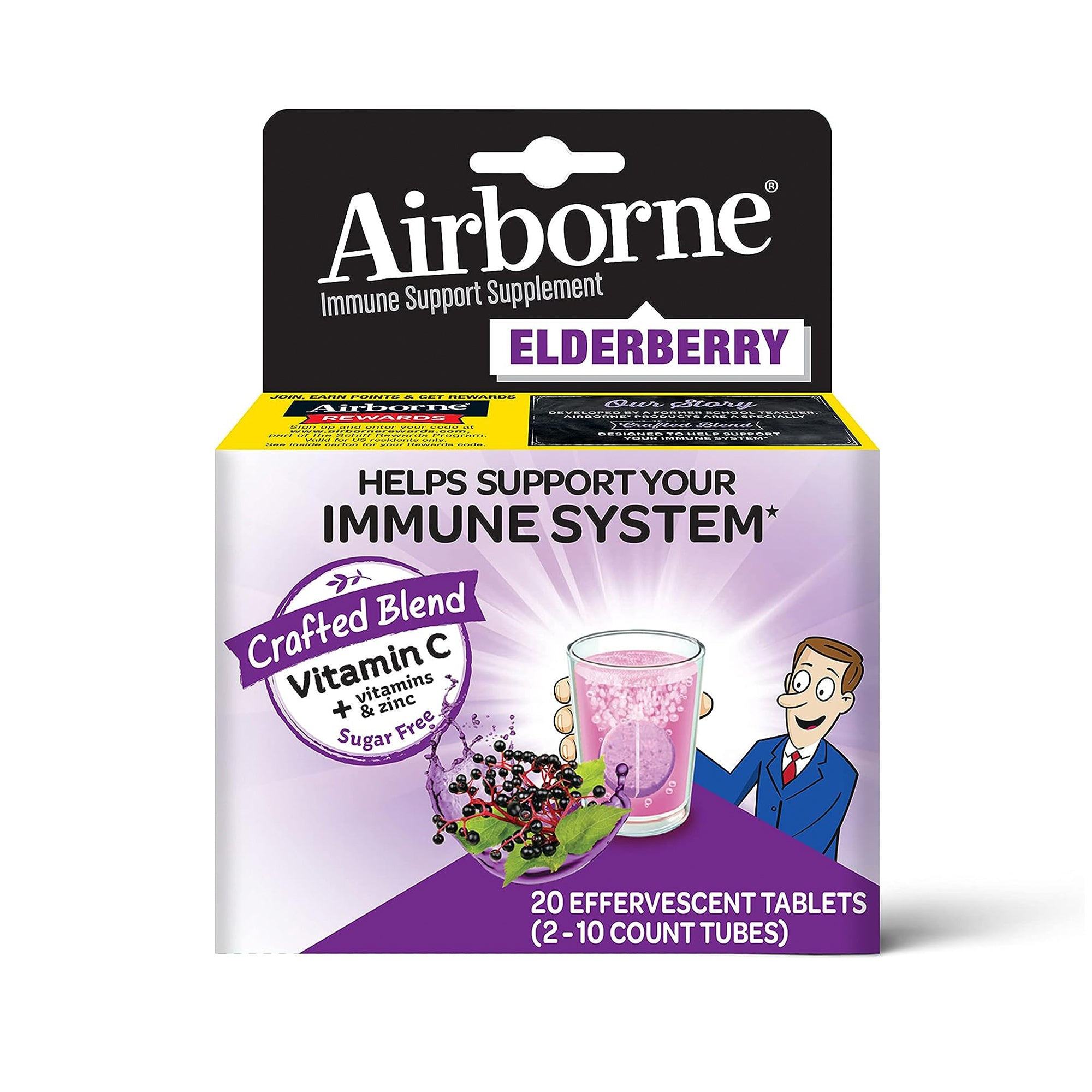 Airborne Elderberry Zinc & Vitamin C Effervescent Tablets for Immune Support Supplement With Powerful Antioxidant Vitamins A C E, 20 Tablets