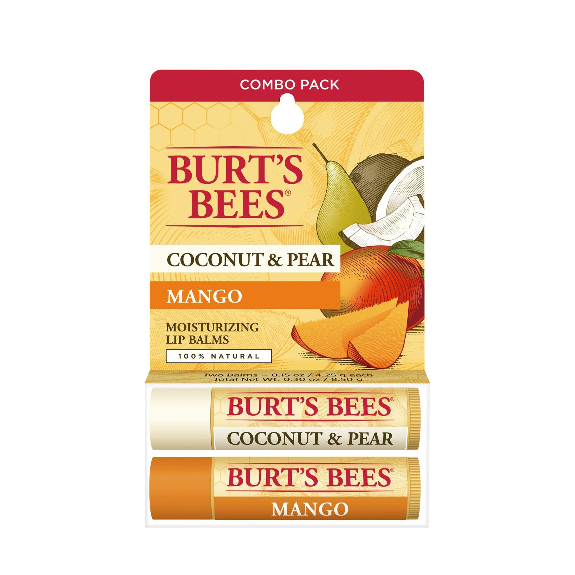 Burt's Bees Bálsamo labial hidratante 100 % natural, coco, pera y mango, 2 tubos 