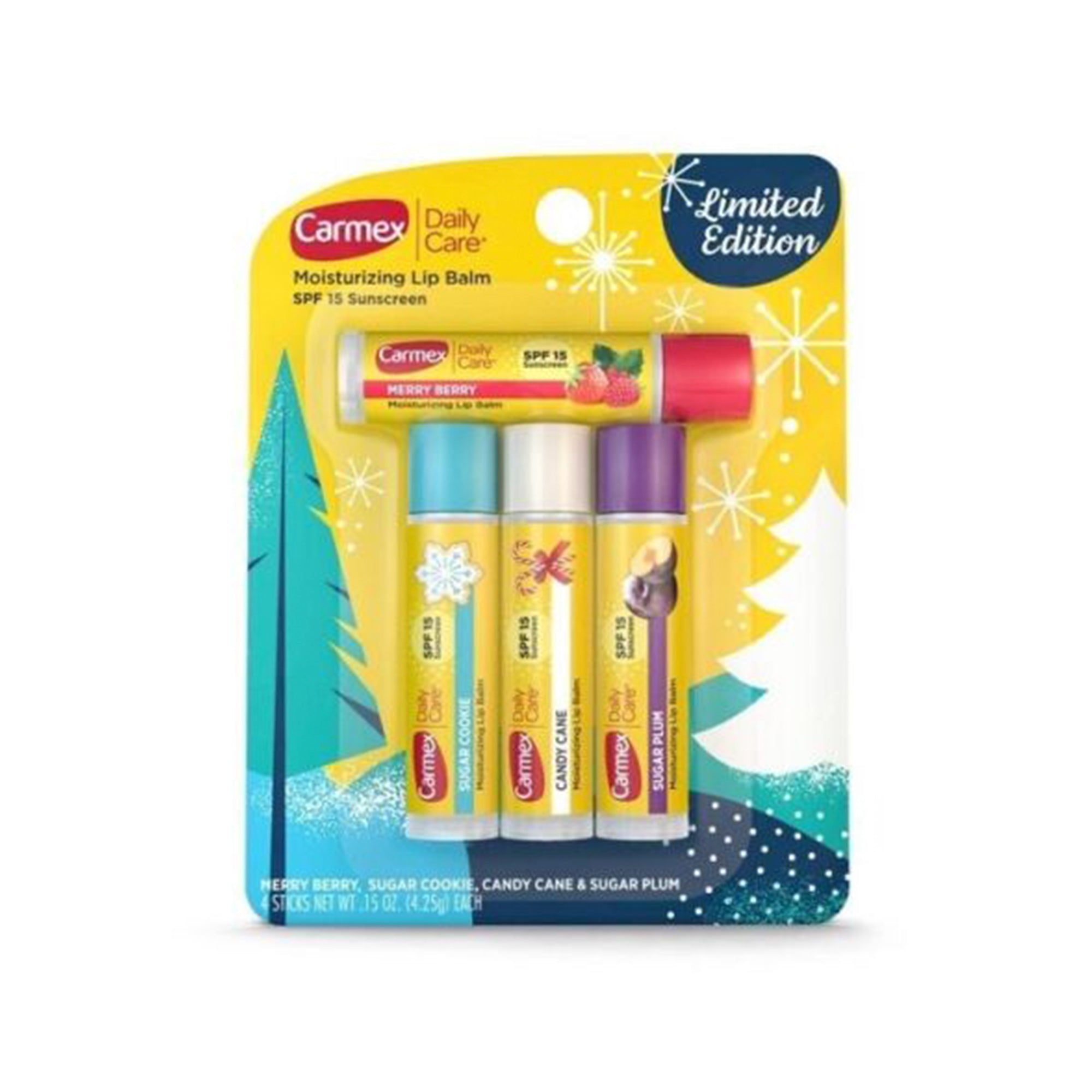 Carmex Daily Care Limited Edition HOLIDAY Lip Balm with SPF15 (Pack of 4 Sticks)