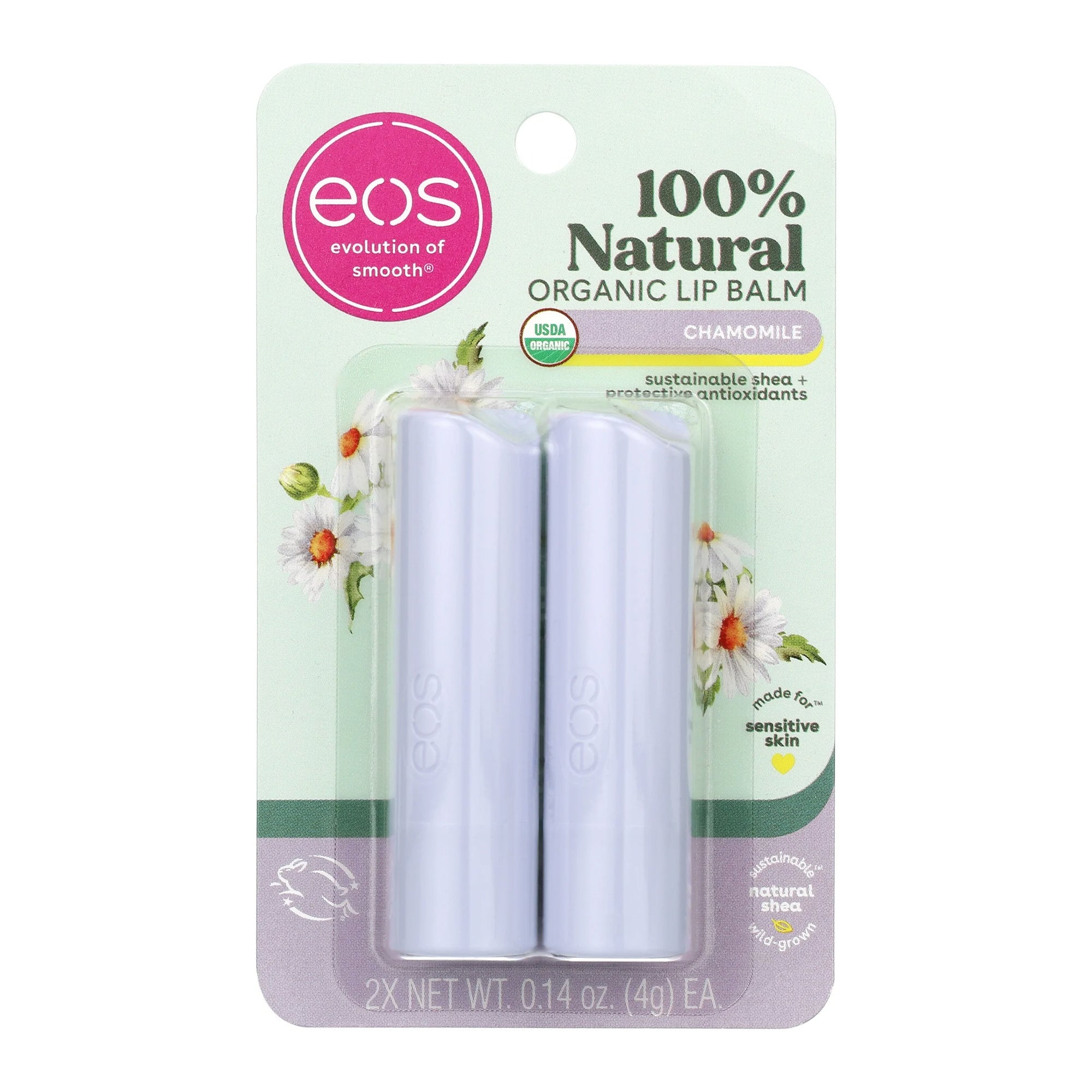 Eos 100% Natural & Organic Lip Balm Stick Chamomile, 0.14 oz Pack of 2