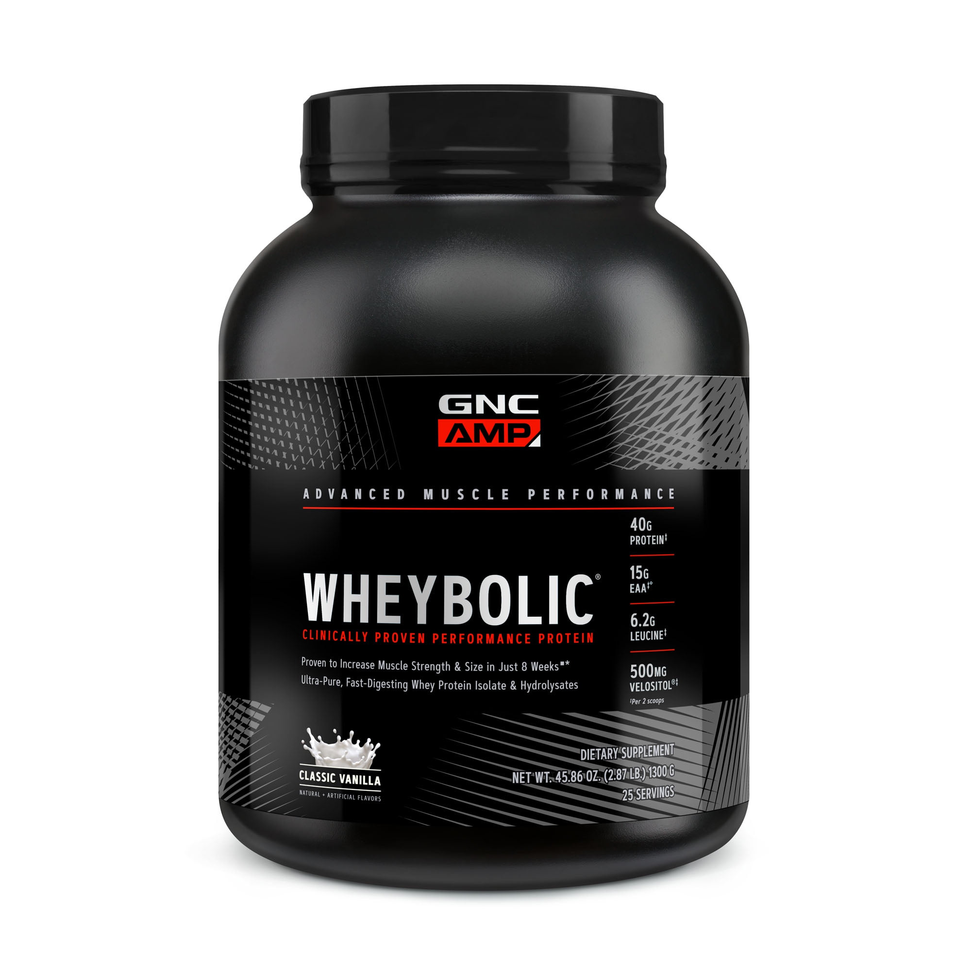 GNC AMP Wheybolic Protein Powder for Muscle Building and Workout Support Formula Pure Whey Protein Powder Isolate with BCAA Gluten Free Classic Vanilla, 25 Servings