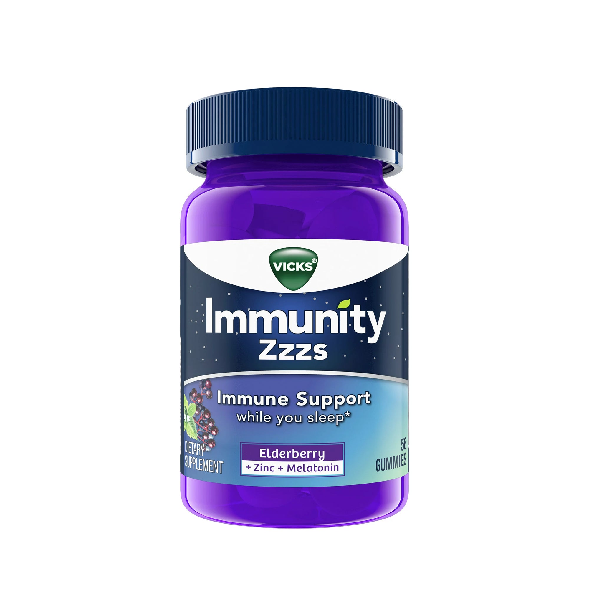 Vicks Immunity ZZZs Saúco, melatonina y zinc antioxidante con apoyo inmunológico, conciliar el sueño de forma natural, 56 gomitas 